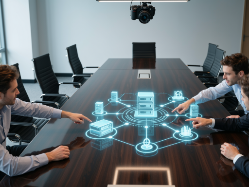 Professional team meeting in modern office environment with drone prototypes and technical equipment displayed around conference table
