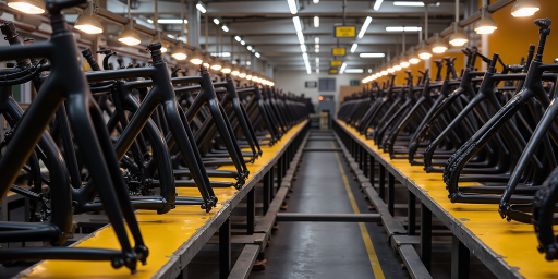 Anyang frame manufacturing facility showing carbon fiber processing equipment and skilled workers assembling drone frames with precision tools